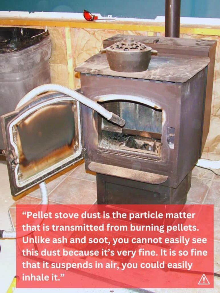 A pellet stove with a lot of pellet dust.