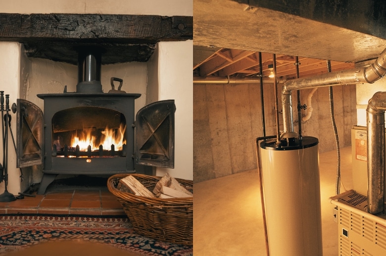 A fireplace and furnace using the same chimney.
