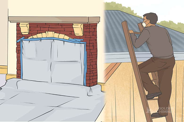 man climbing on ladder to demonstrate how to check chimney for blockage, and covering blocked fireplace to avoid dirt spreading across the house