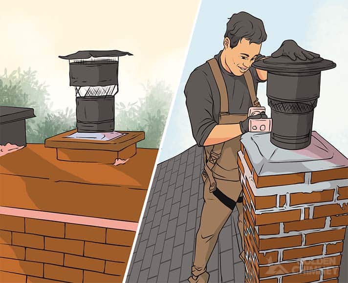 technician installing replacing bad chimney cap that caused chimney leaking water into house