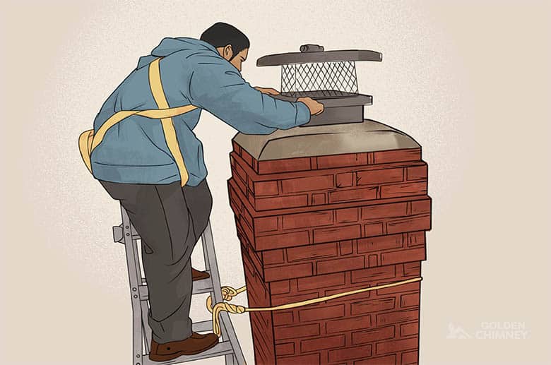 man installing a chimney cap to prevent chimney blockage