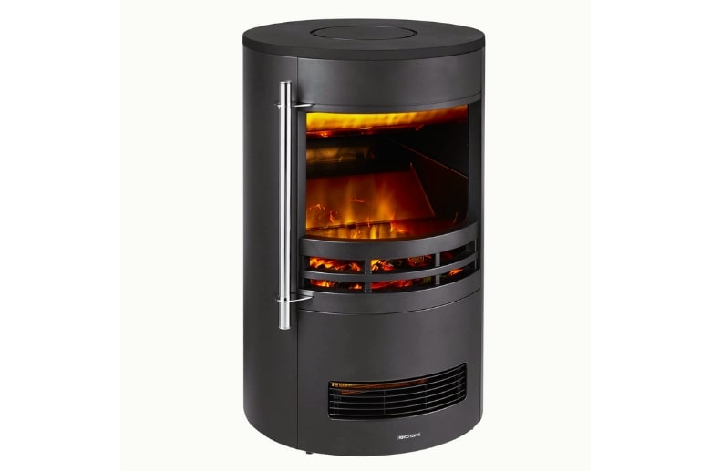 A free standing electric fireplace.