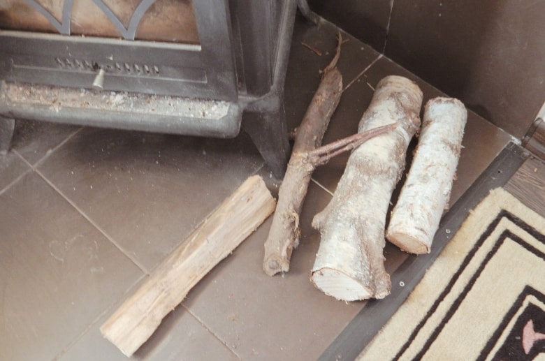 Wood as fuel for a freestanding wood stove.
