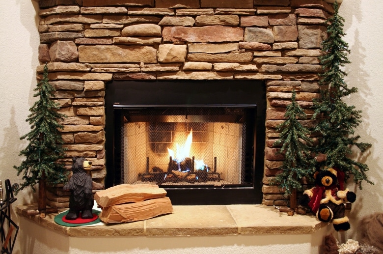 A wood fireplace insert with burning wood.