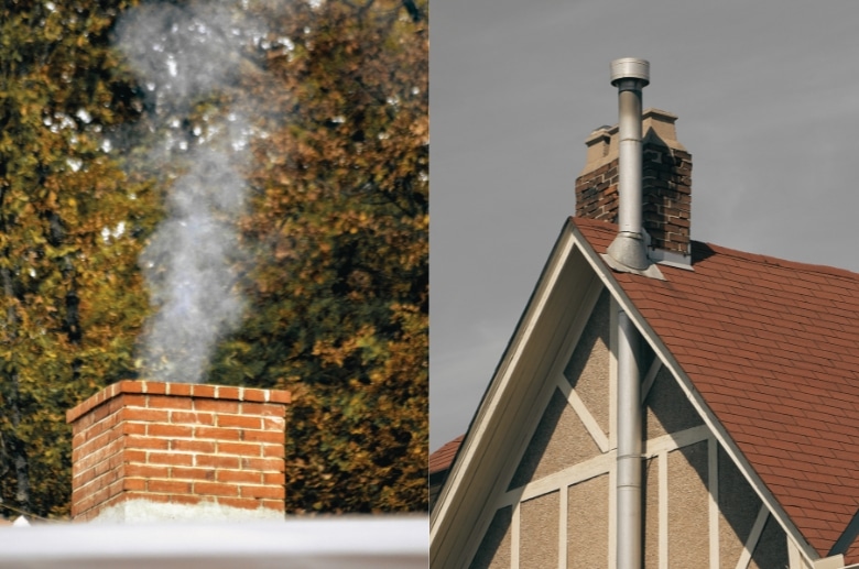 A brick chimney with tile liners compared with a stainless steel chimney.
