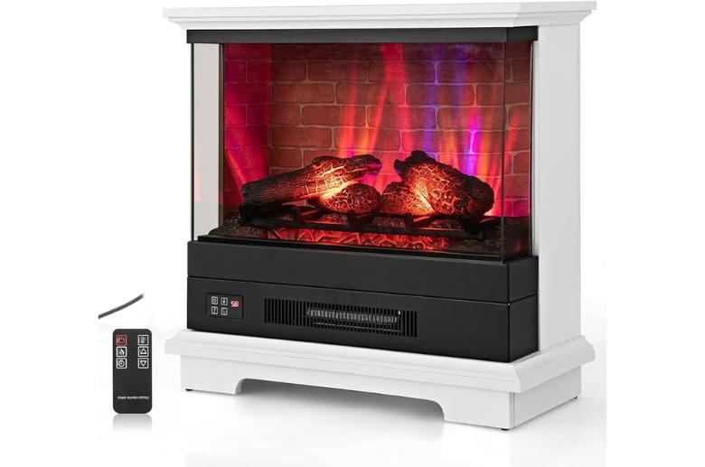 A modern electric fireplace with remote control.