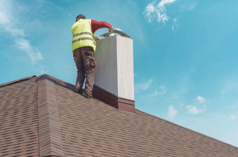 A technician is inspecting a chimney. It is an important preventive maintenance step on How to Fix a Chimney Flashing Leak.