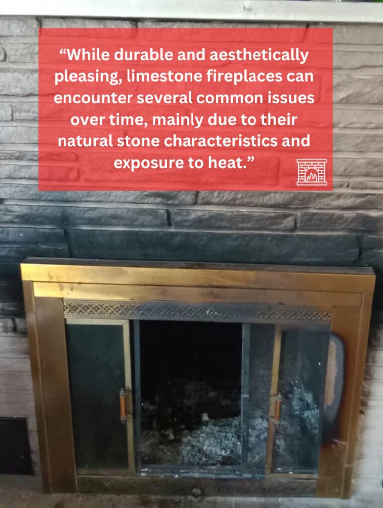A stained limestone fireplace.