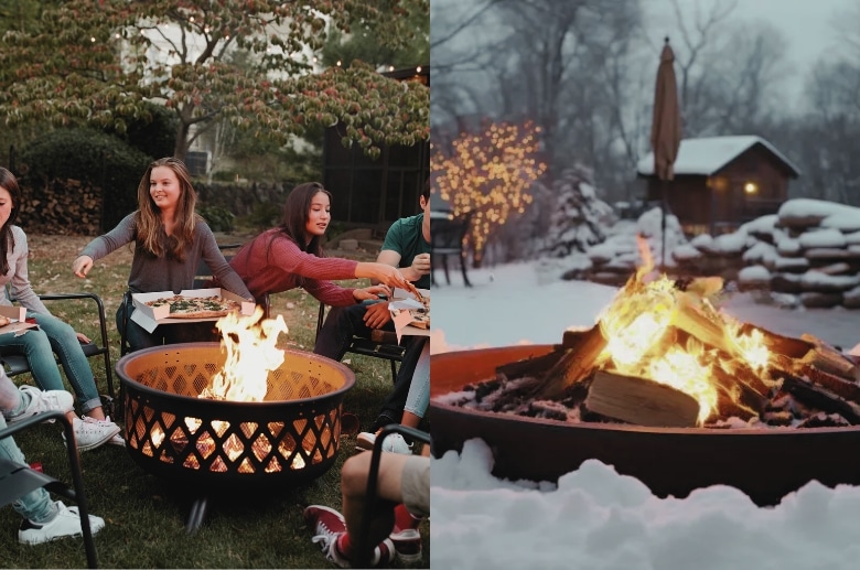 A fire pit during summer and during winter.