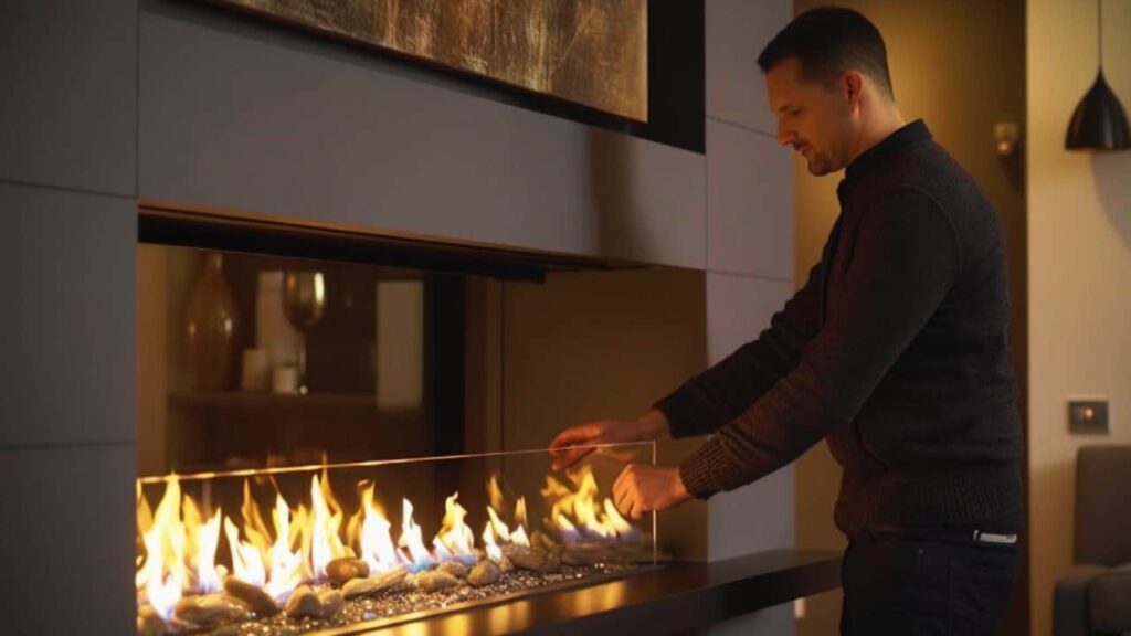 A man lighting a gas fireplace. There are a few considerations on how long can you run a gas fireplace.