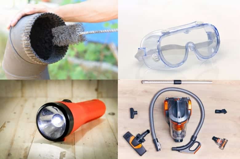 A cleaning brush, goggles, flashlight and a vacuum cleaner.