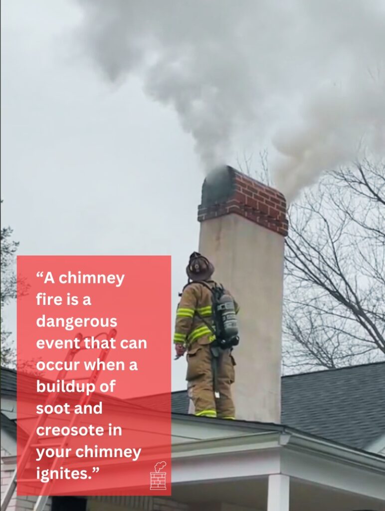A firefighter trying to put out a chimney fire.