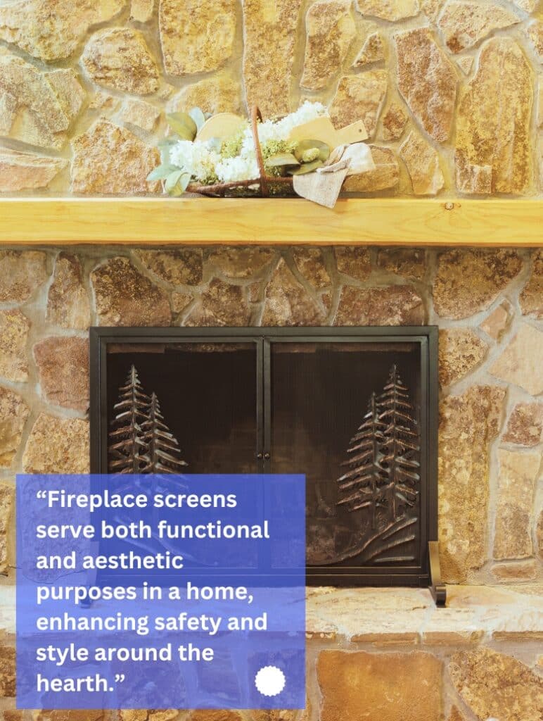 A fireplace with a screen.