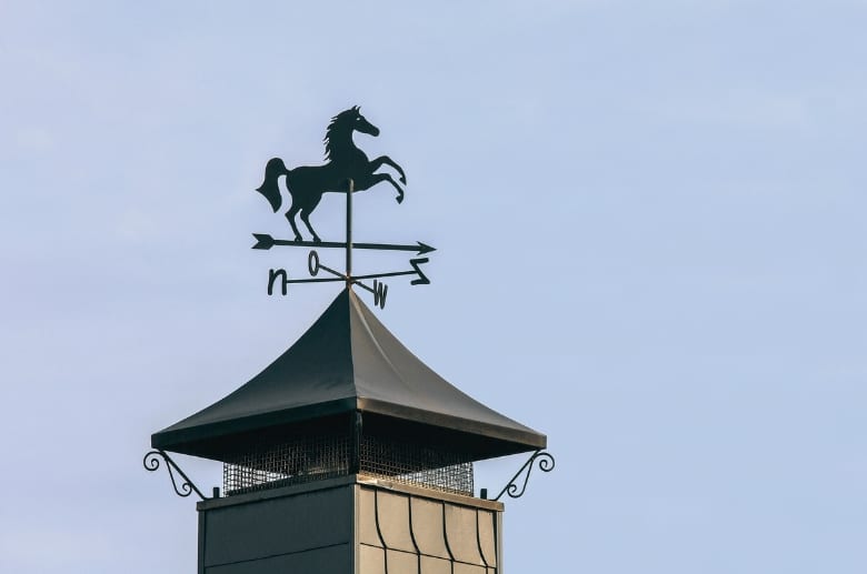 A chimney cap with a weather vane direction.