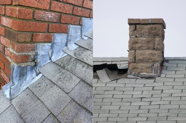 Chimney flashing that has corrosion and missing parts of the flashing on a chimney.
