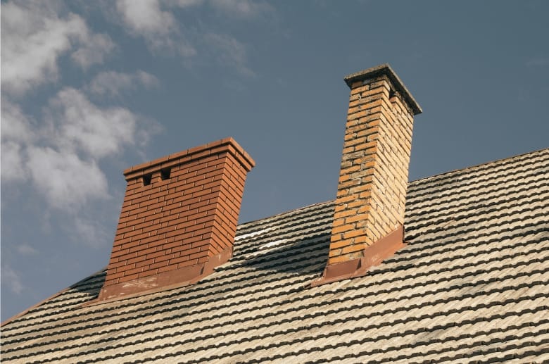 Two different chimneys on the same roof of the house.