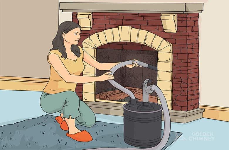 Woman vacuuming removing flying ants in fireplace
