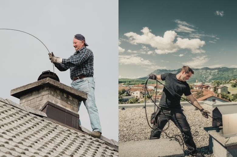 A person cleaning a chimney compared with a professional cleaning the chimney.