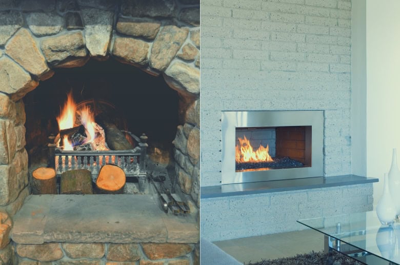 A stone fireplace and a metal fireplace.